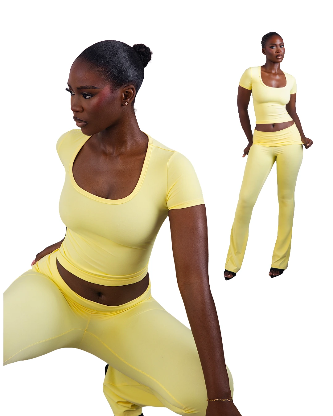KAYCLO butter-yellow lounge set, with portrait and full-length styling